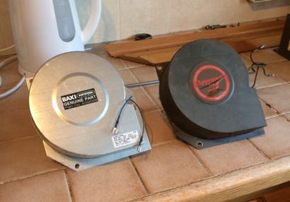 Two Potterton Netaheat combustion air fans - old and new